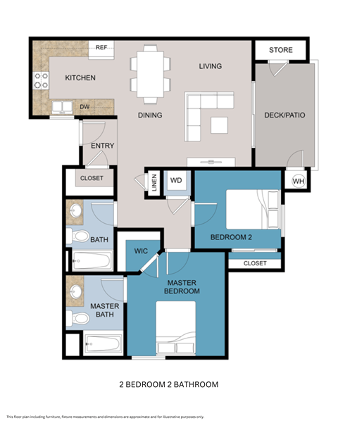 Floor plan for 2 beds, 2 baths, 912 sqft